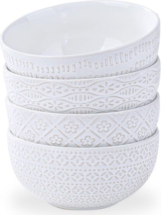 40 OZ Large Cereal Bowls Set of 4, Farmhouse Embossment Ceramic Salad Bowls for Soup, Serving, Fruit, Snack, Noodle, Ramen, Pho, Microwave & Dishwasher Safe, 6.7 Inch White