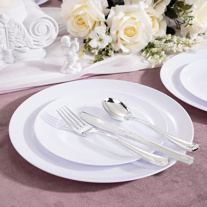 KIRE 60PCS White Disposable Plates - Heavy Duty White Plastic Plates for Party/Wedding - Include 30Pieces 10.25inch Dinner Plates and 30Pieces 7.5inch Dessert/Salad Plates