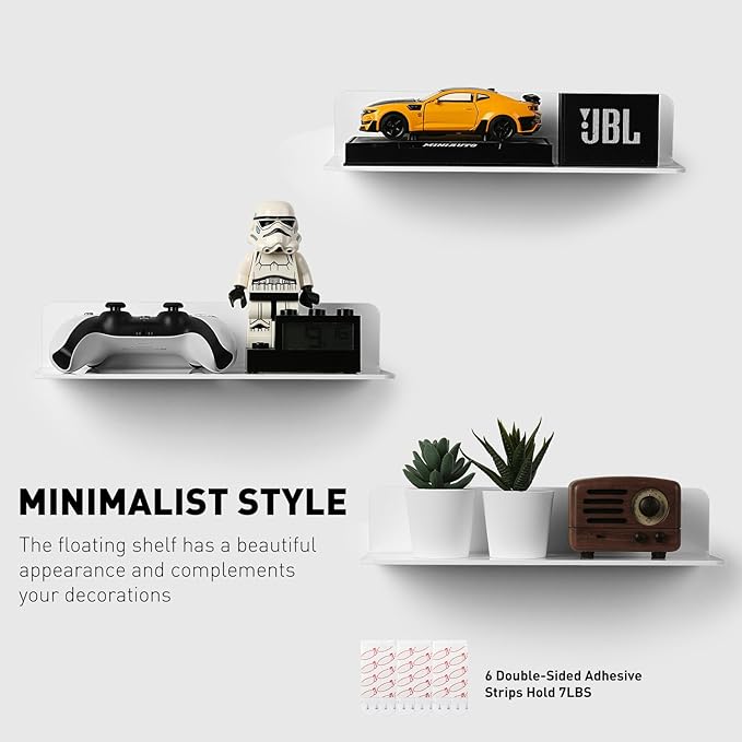 OAPRIRE White Acrylic Floating Shelves Set of 2 - Damage Free Expand Wall Space - 12 Inch Wall Shelves with Strong Adhesive for Bathroom, Bedroom, etc