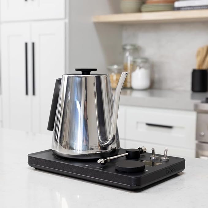 DJ Electric Gooseneck Kettle for Pour Over Coffee & Tea - Water Boiler - Turntable Design - Quick Heating & Temperature Control - Stainless Steel