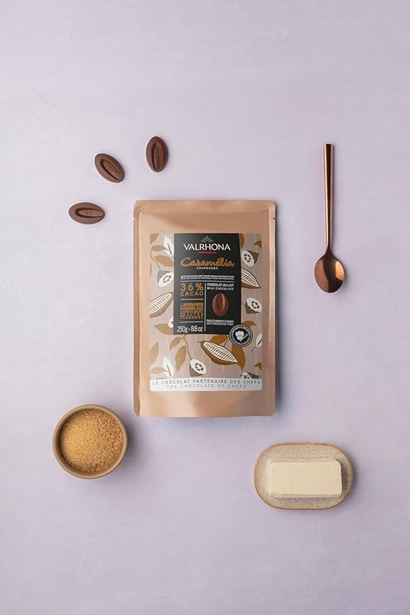 Valrhona Premium French Baking Milk Chocolate Discs (Feves). CARAMELIA 36% Cacao. Creamy, Caramel, Salted Butter Notes. Easy Melt-Tempering. Milky, Balanced. Luscious Frosting, Sauces 250g (Pack of 2)