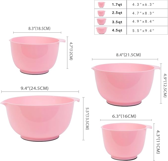 BoxedHome 4 Quart Large Plastic Mixing Bowls, Microwave Safe Mixing Bowl Set with Pour Spout, Nesting Bowls for Space Saving Storage(Fading Rose)