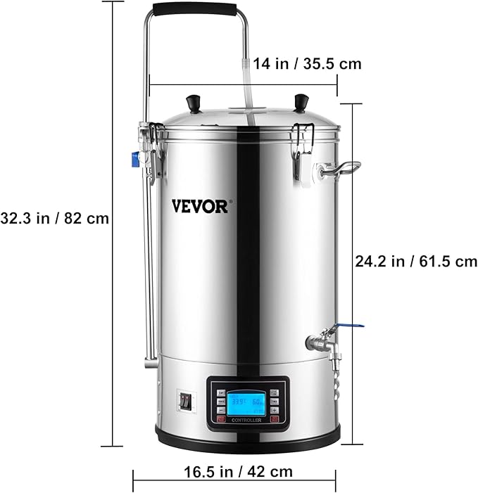 VEVOR Electric Brewing System, 9.2 Gal/35 L Brewing Pot, All-in-One Home Beer Brewer w/Pump, Mash Boil Device w/Panel, Auto/Manual Mode 100-1800W Power 25-100℃ Temp 1-180 min Timer Recipe Memory