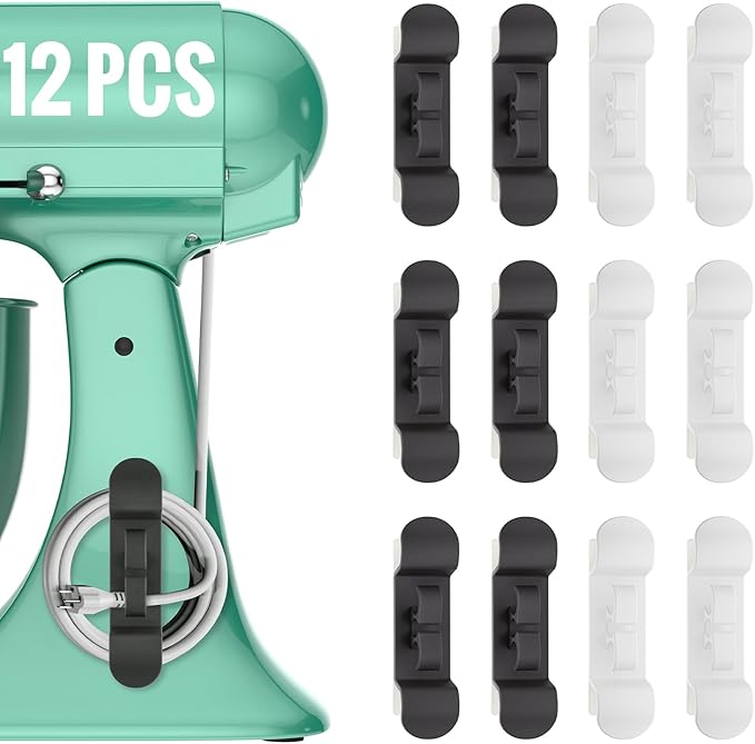 12PCS Cord Organizer for Appliances, Upgraded Kitchen Appliance Cord Wrap, Cord Holder Stick on Pressure Cooker, Coffee Maker, Air Fryer and Blender(6 Black + 6 White)