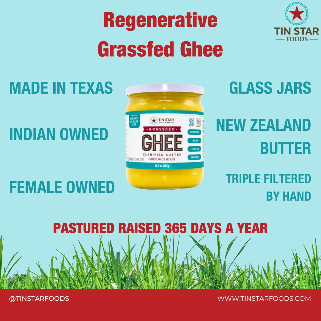 Tin Star Foods - 16 oz Certified Grassfed Traditional Desi Ghee GLASS JAR. Made in kettles and hand filtered in Dallas Texas. Indian owned brand