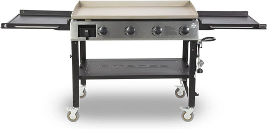 Pit Boss PB757GD Four Burner LP Fold Over Side Shelves 36" Gas Flat Top Griddle with Fitted Cover, 4 Deluxe, BLACK