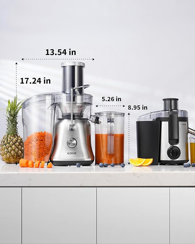 GDOR 1300W Powerful Juicer with Larger 3.4" Feed Chute, Titanium Enhanced Cutting System, Centrifugal Juice Extractor Maker with Heavy Duty Full Copper Motor, Dual Speeds, BPA-Free, Silver