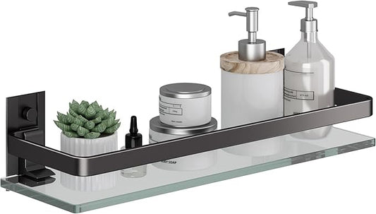 Danpoo Clear Tempered Glass Wall Shelf, Wall-Mounted Organizer for Bathroom, Kitchen(Matte Black)