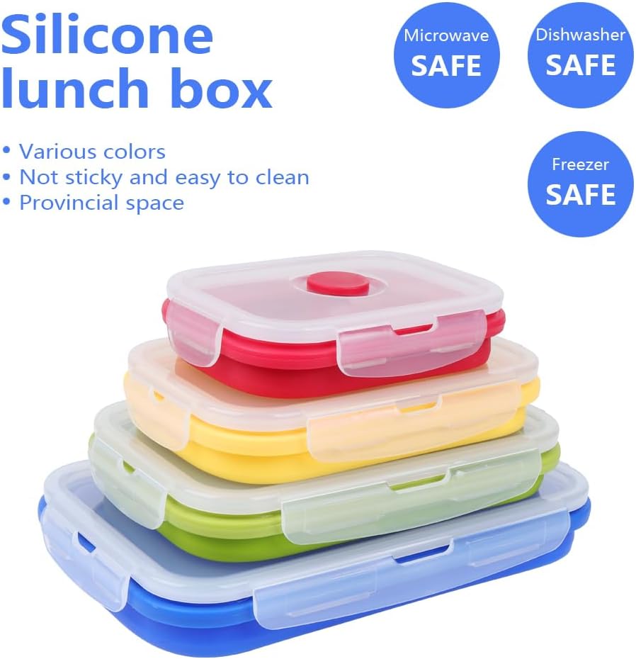Set of 4 Collapsible Foldable Silicone Food Storage Container, Leftover Meal Box With Airtight Plastic Lids For Kitchen, Bento Lunch Boxes-Microwave, Dishwasher and Freezer Safe