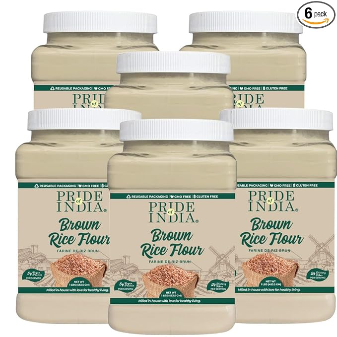 Pride of India - PACK of 6 - Brown Rice Flour 1 lbs (454 gm) Slightly Nutty Earthy Taste Milled in Small Batches- Used for Cooking Baking Coating Thickening Cakes Soups Noodles Dumplings Pastries