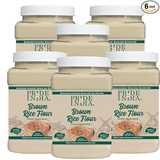 Pride of India - PACK of 6 - Brown Rice Flour 1 lbs (454 gm) Slightly Nutty Earthy Taste Milled in Small Batches- Used for Cooking Baking Coating Thickening Cakes Soups Noodles Dumplings Pastries