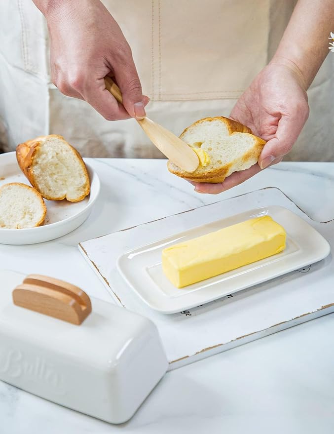 Butter Dish with Lid and Knife Ceramic Butter Holder for Counter Humanized Clamp-able Knife Handle Design, Perfect for East West Coast Butter, White