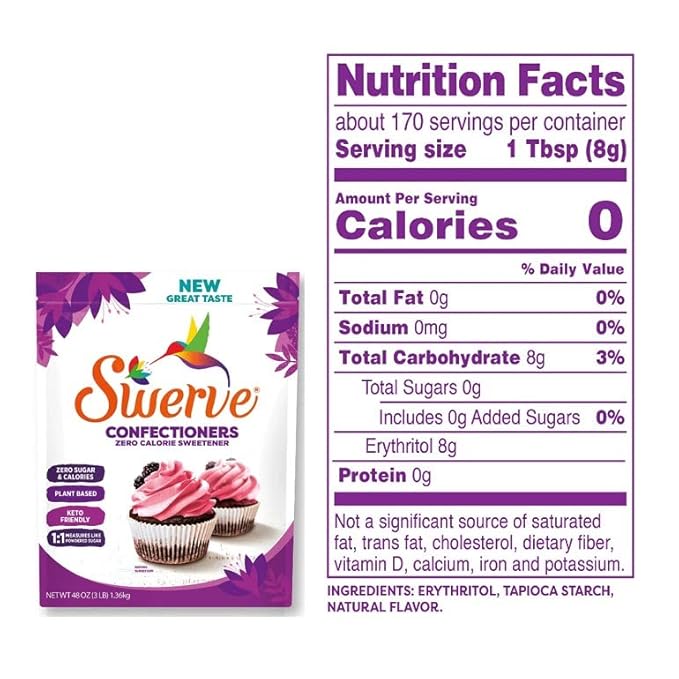 Swerve Ultimate Sugar Replacement Sweetener, Confectioners Sugar Substitute, Zero Calorie, Keto Friendly, Zero Sugar, Non-Glycemic, Gluten Free, 48 Oz