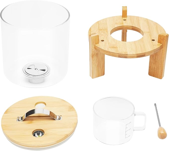 Flour and Cereal Container, Rice Dispenser, Creative Glass Food Storge Container for Kitchen Organization and Pantry Store, Airtight Lid and Wooden Stand (5L)