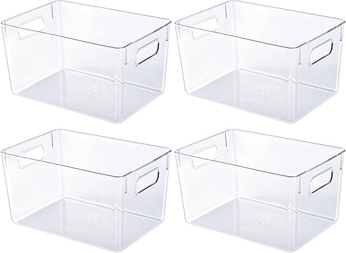 JollyPack 4 Pack Clear Plastic Storage Bins, Pantry Organizers and Storage with Handles, Clear Storage Containers for Fridge, Kitchen, Cabinet, Bathroom and Office
