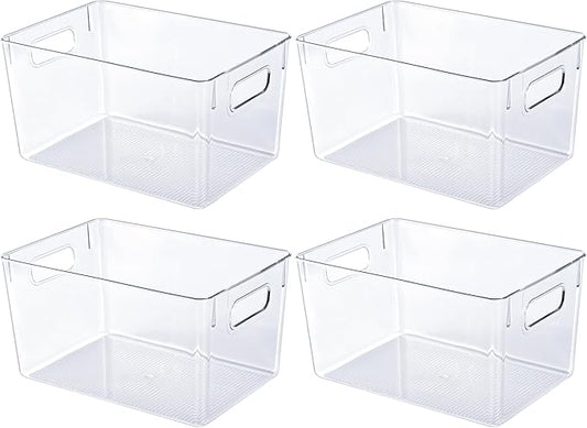 JollyPack 4 Pack Clear Plastic Storage Bins, Pantry Organizers and Storage with Handles, Clear Storage Containers for Fridge, Kitchen, Cabinet, Bathroom and Office