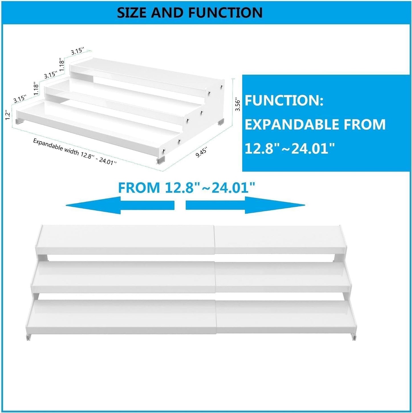 Expandable Spice Rack Storage organizer with 3-Tier step shelf cabinet,seasoning racks organizion.Great for Kitchen countertop shelves,Pantry and more(2Packs/White)