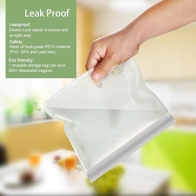 SPLF 10 Pack Reusable Sandwich Bags Dishwasher Safe, Reusable Quart Freezer Bags, Extra Thick Leakproof Food Storage Bags Silicone and Plastic Free for Marinate Meats, Cereal, Lunch, Travel Items Gray