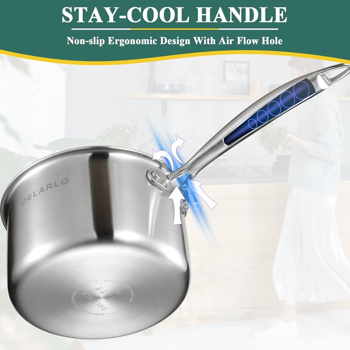 DELARLO Kitchen Pot Set, Tri-Ply Stainless Steel Saucepan Set, 1.0QT 2QT 3.5QT, Cooking Set, Fast Even Heat, Saucepan set Compatible with all Cooktops 600℉（Lids 300℉） 3.5QT Pot with a Steamer