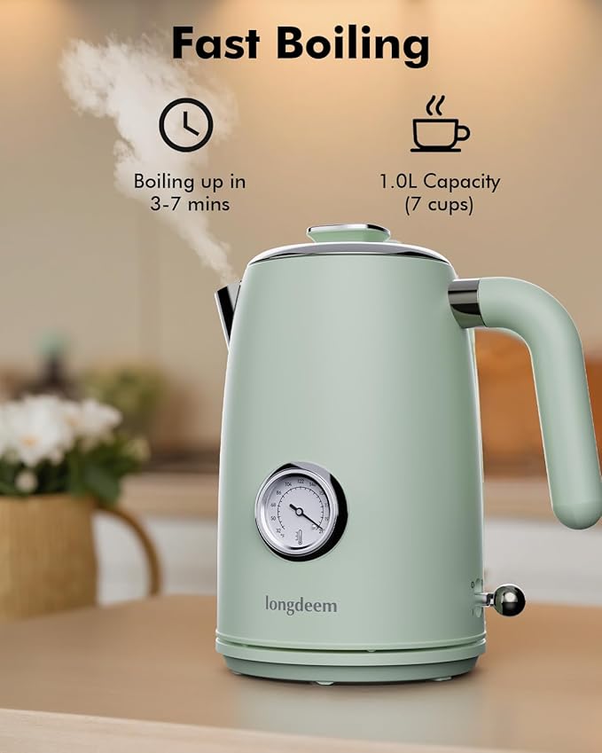1L Small Electric Kettles Stainless Steel, Portable Travel Mini Hot Water Boiler Heater, Cool Touch Teapot, Auto Shut-Off & Boil-Dry Protection for Cooking, Business Trip and More, Green