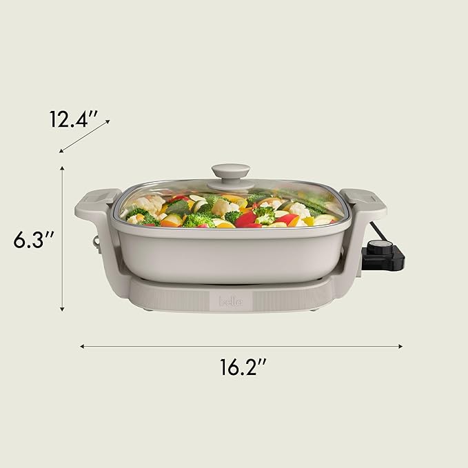 bella Make & Take Electric Skillet, Fits-anywhere™ kitchenware, EverGood™ Ceramic Coating, Adjustable Temperature & Dishwasher-Safe Tempered Glass Lid, Cast Aluminum Base, 1200 Watt, Oatmilk