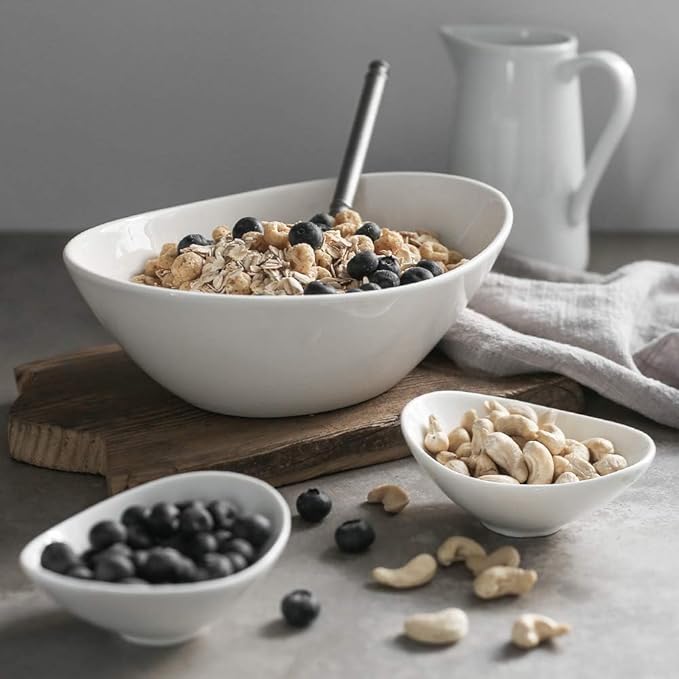 DOWAN 9.25" Serving Bowls, Large Oval Serving Dishes for Wedding and Dinner Parties, 35 Oz for Salad, Side Dishes, Pasta, Oval Shape, Microwave & Dishwasher Safe, Set of 4, Soft White