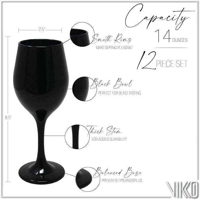 Vikko Black Wine Glasses Set of 6 Glasses Drinking Set Wine Glass, 14 Oz Glass Cup Set With Stem For Red And White Wine, Thick And Durable Wine Glass, Dishwasher Safe