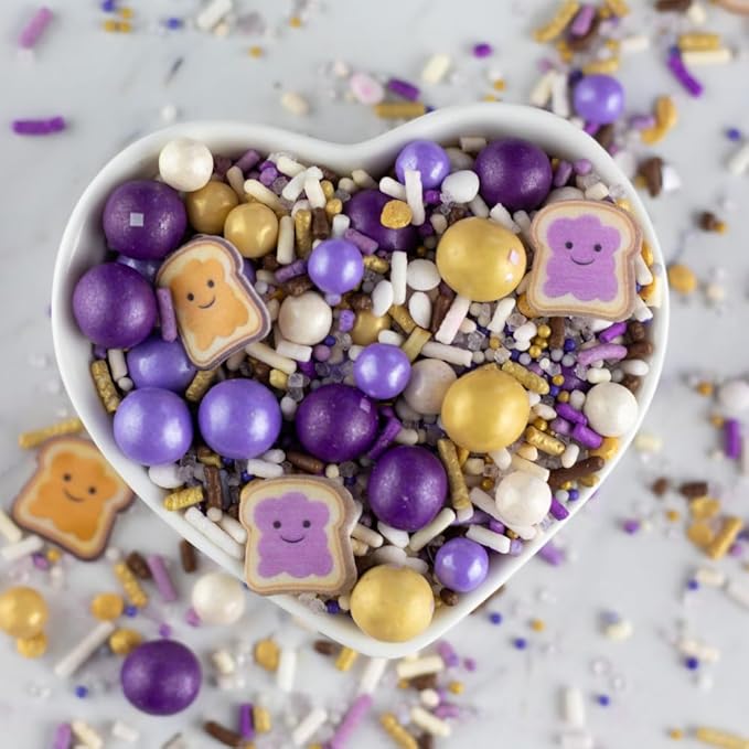 Sprinkle Pop PB&J Sprinkle Mix| lavender Purple Gold Cream Chocolate Sprinkles with ~10 Peanut Butter & Grape Jelly Slice Wafer Papers| Sprinkles Made in USA for Decorating Cake Cupcakes Cookies, 2oz