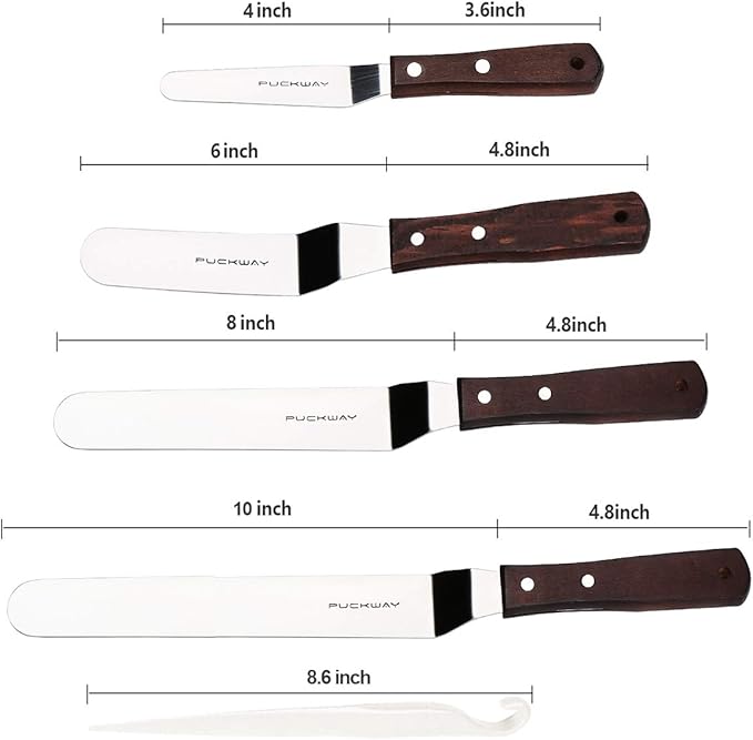 4 PCS Cake Decorating Icing Spatula set with 4, 6, 8 & 10 Inch Stainless Steel Blade, Wood Handle Frosting Spatulas and Cake Stripping Tool