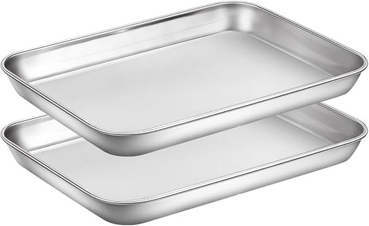 Baking Sheets Set of 2, HKJ Chef Cookie Sheets 2 Pieces Stainless Steel Baking Pans & Toaster Oven Tray Pans, Rectangle Size 9L x 7W x 1H inch & Non Toxic & Healthy & Easy Clean