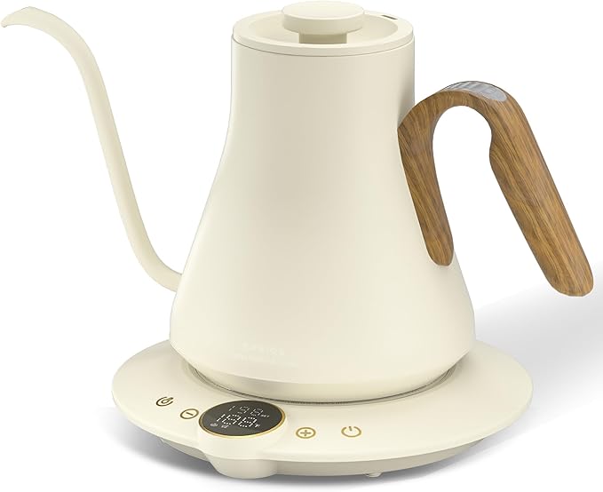 Cocinare FLOW B9 Gooseneck Electric Kettle, Precise Temperature Control for Pour-Over Coffee & Tea Brewing, Stainless Steel Interior, Rapid Heating for Boiling Water 1500W/0.9L (White Wooden)