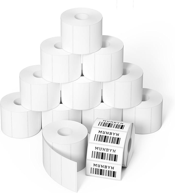 MUNBYN 2x1 Inch Thermal Sticker Labels, Address Barcode Self-Adhesive Label Paper for Direct Thermal Printer and Business, Shipping Mailing Name Rectangle White Stickers, 12000 Sheets/12 Rolls