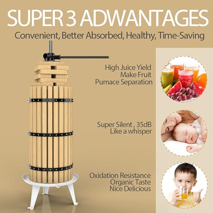SQUEEZE master Fruit Press-7.9 Gallon/30L-Solid Wood Basket Wine Press-Vintage traditional juicer-6 Press Wooden Blocks-Pole Handle Bar for Juice,Wine,Cider-1 free filter bag included