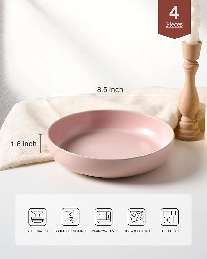 famiware Milkyway Pasta Bowls Set of 4, 8.5" Large Salad Bowls, Double Reactive Glaze, Sturdy & Stackable, Ideal for Housewarming, Festivals, Light Pink