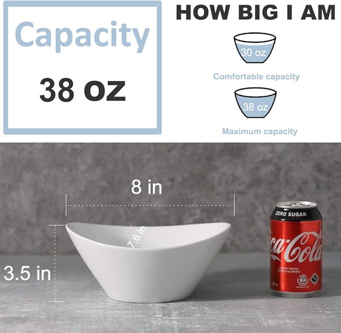 Porcelain Salad Bowls, 38 Ounce pasta bowls set of 4, 8 inch White serving bowls for cereal, soup, ramen, snacks, rice, Oven Dishwasher Safe