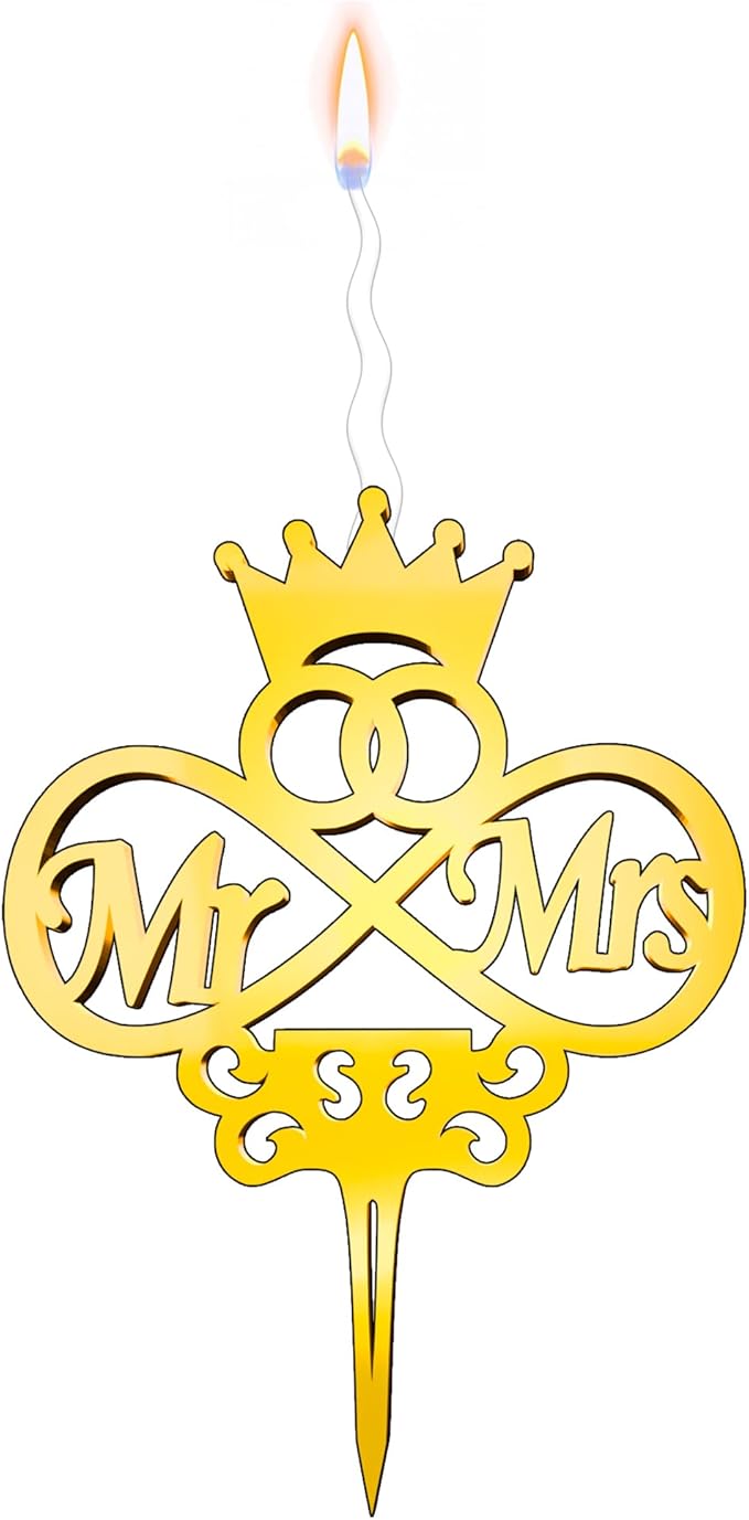 Mr and Mrs Reusable Gold Romantic Cake Candle - Luxury Cake Topper Candle for Birthdays, Weddings & Anniversaries - Reusable Food Safe Acrylic, Shiny Mirror Finish - Happy Birthday Cake Topper Decor