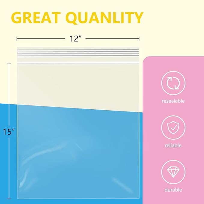 iMailer - 1000 Pcs- 12" x 15" Large Plastic Zip Poly Bags- Clear Zip Storage Bag for Clothing, T-Shirts, Pants