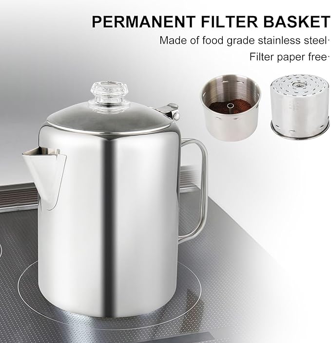 Coffee Percolator Bundle with 2 Mugs Stainless Steel Coffee Maker with Heat Resistant Tough Glass Knob & Foldable Handle Using on any Stovetop Outdoor Camping NO Aluminum NO Plastic (8 Cup)