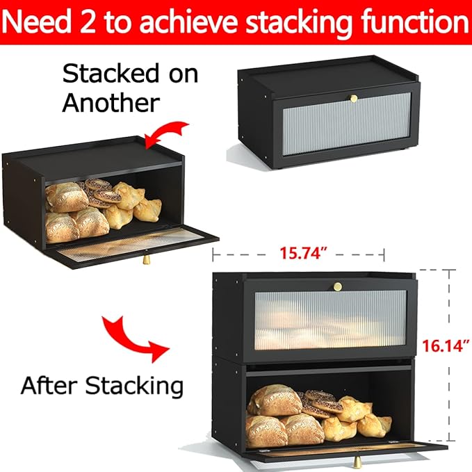 Black Bread Box for Kitchen Countertop-Large Modern bamboo Bread box with Window Bread Storage Container