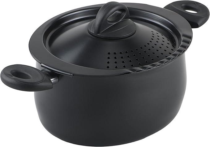 Bialetti 5.5-Quart Nonstick Aluminum Pasta Pot with Strainer Lid and Handles, PFOA-Free Nonstick Oval Cooking Pot and Lid, Black