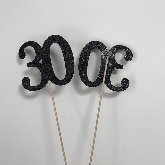 10-Pack Double Sided Glitter 30th Birthday Centerpiece Anniversary Centerpiece Sticks, Number 30 Table Topper Cake Topper for 30th Birthday Anniversary Table Party Decorations (Double Sided black)