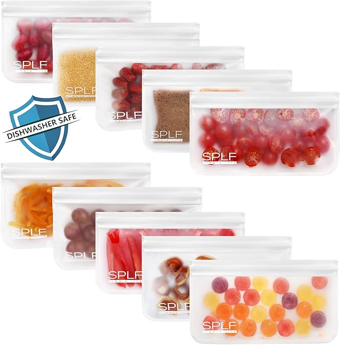 SPLF 10 Pack Dishwasher Safe Reusable Snack Bags, BPA Free Reusable Food Storage Freezer Bags Leakproof Silicone and Plastic Free Lunch Bags Fridge Home Organization