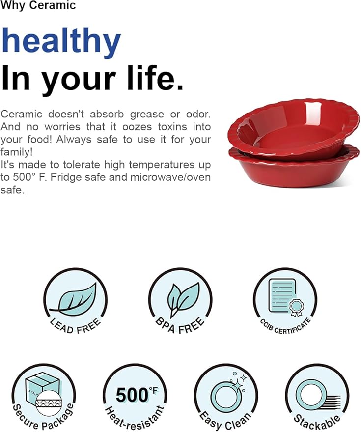 LE TAUCI Ceramic Pie Pans for Baking, 9 Inches Pie Plate for Apple Pie, Pecan Pie, 52 Ounce Deep Pie Dish, Set of 2, Red