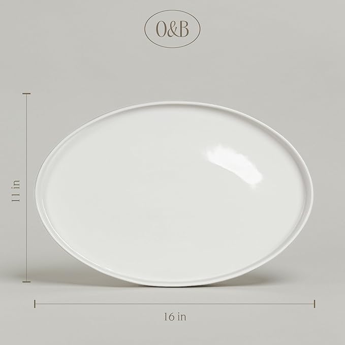 over&back Stackable Stoneware Serving Platter - Elegant 1-Piece Oval Serving Platter to Complete Your Kitchen Set - Perfect for Appetizers, Desserts, and More - 16" L x 11" W - Glossy White