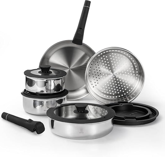 ROYDX16 PCS Pots and Pans Set,18/10 Stainless Steel Cookware Set with Adjustable Detachable Handles for RV,home Dishwasher Safe and Oven Safe