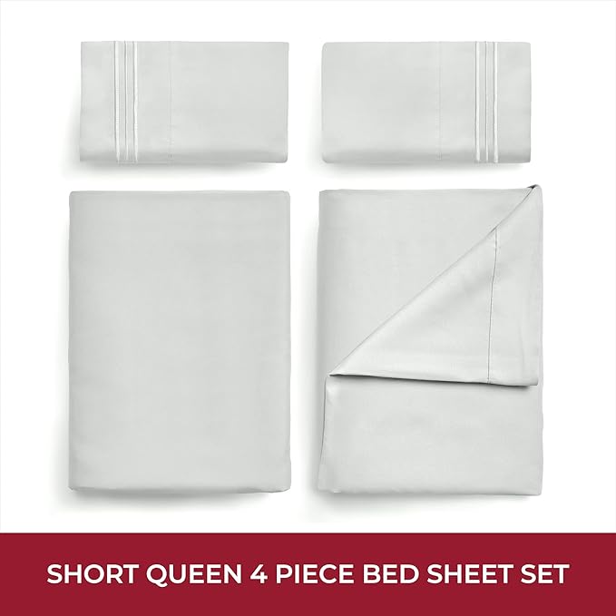 Mellanni RV Short Queen Sheets - 4 PC Iconic Collection Bedding - Hotel Luxury, Extra Soft, Cooling Bed Sheets - Deep Pocket up to 10 inch (RV/Short Queen, Light Gray)