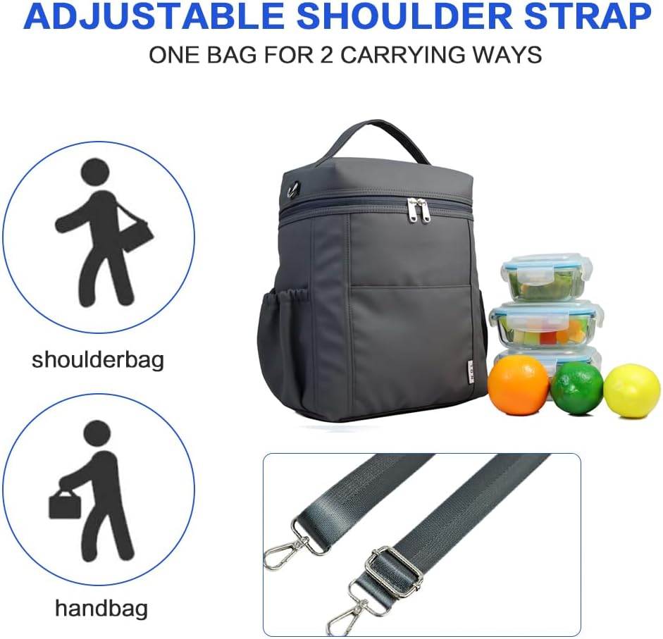 NOL Natural Organic Lifestyle Insulated Lunch Bags for Women Cooler Bag Lightweight Nylon Waterproof Lunch Box For Work (Dark gray, Large)