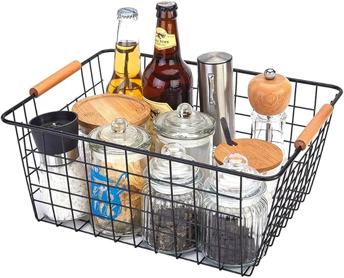 LeleCAT Large black wire baskets for Organizing with Wooden Handles for storage pantry, Storage Organizer Baskets, Household Snack Basket for Cabinets, Closets, Bedrooms, kitchen - Set of 2（Black）