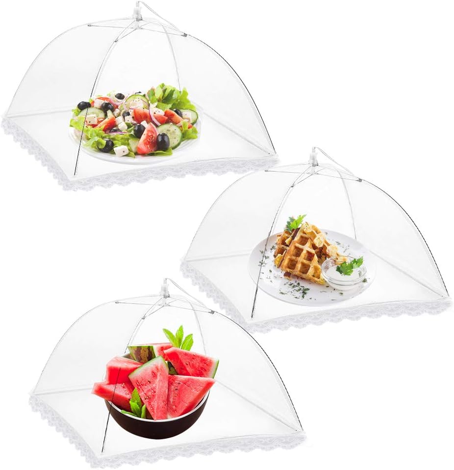 Onarway 3 Pack Food Covers 12 Inch Pop-Up Encrypted Mesh Plate Serving Tents, Fine Net Screen Umbrella for Outdoors, Parties, Picnics, BBQs, Reusable and Collapsible