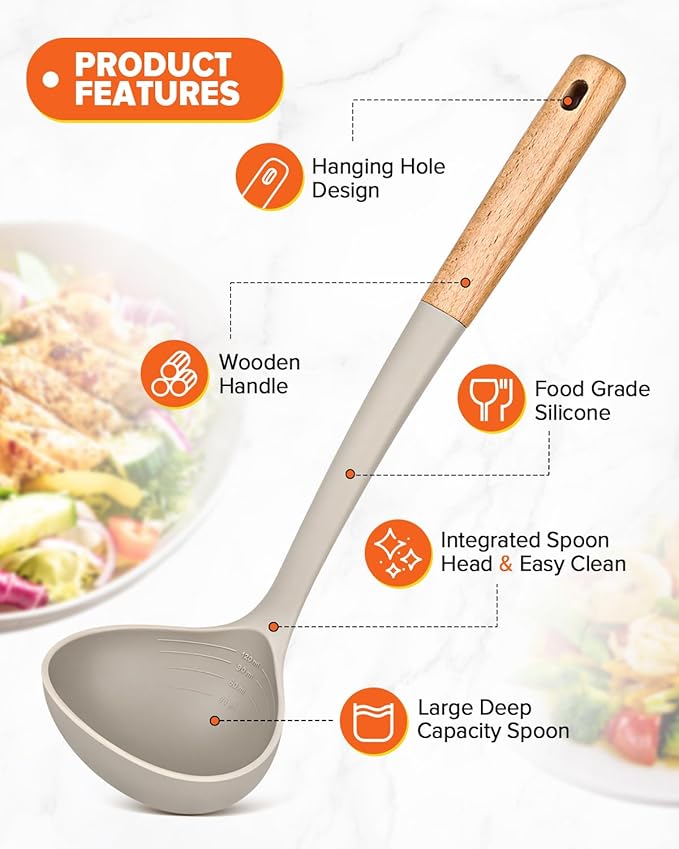 Pasta Fork and Ladle Set, Perfect for Serving Hot Soup, Stirring, and Sauce Pasta, BPA-Free Matte Silicone, Wood Handle Spaghetti Spoon for Nonstick Cooking Surfaces (Khaki)